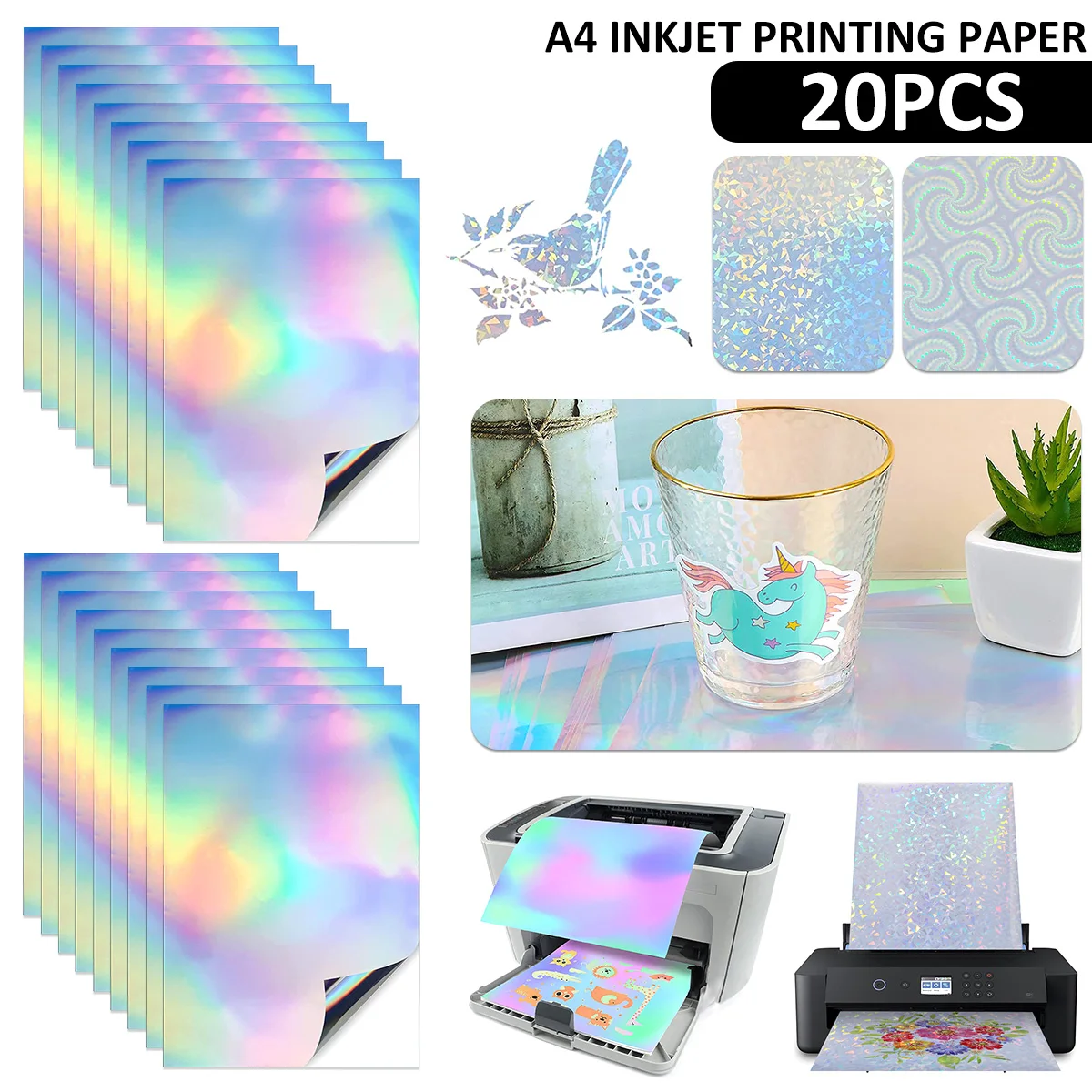 

20pcs Printable Holographic Sticker Paper for A4 Ink Jet Printer Vinyl Rainbow Sticker Paper Dries Quickly Waterproof Sticker