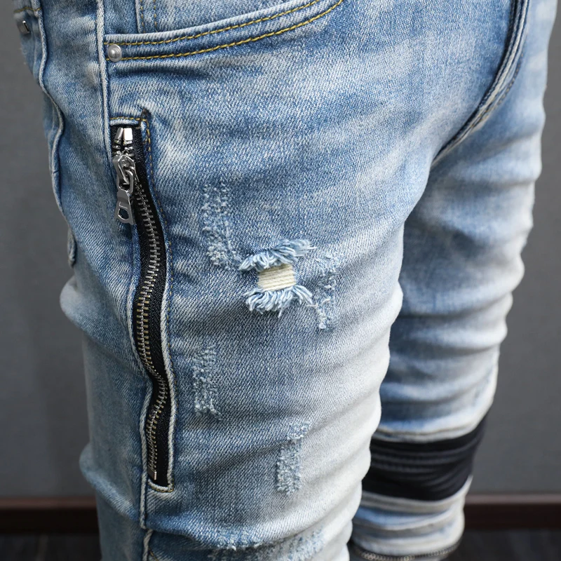 High Street Fashion Men Jeans Retro Light Blue Stretch Skinny Ripped Biker Jeans Homme Spliced Designer Hip Hop Brand Pants Men
