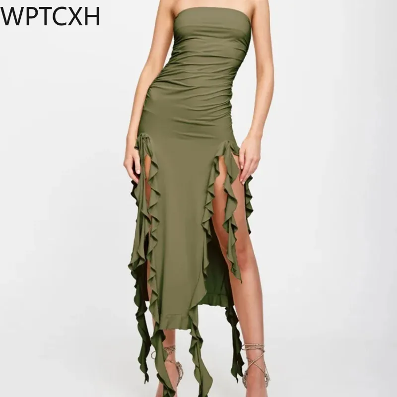 

2024 Elegant Ruffles Off Shoulder Women Midi Dress Sexy Strapless Off Shoulder Slim Fit Dress Female Beach Holiday Dress Vestido