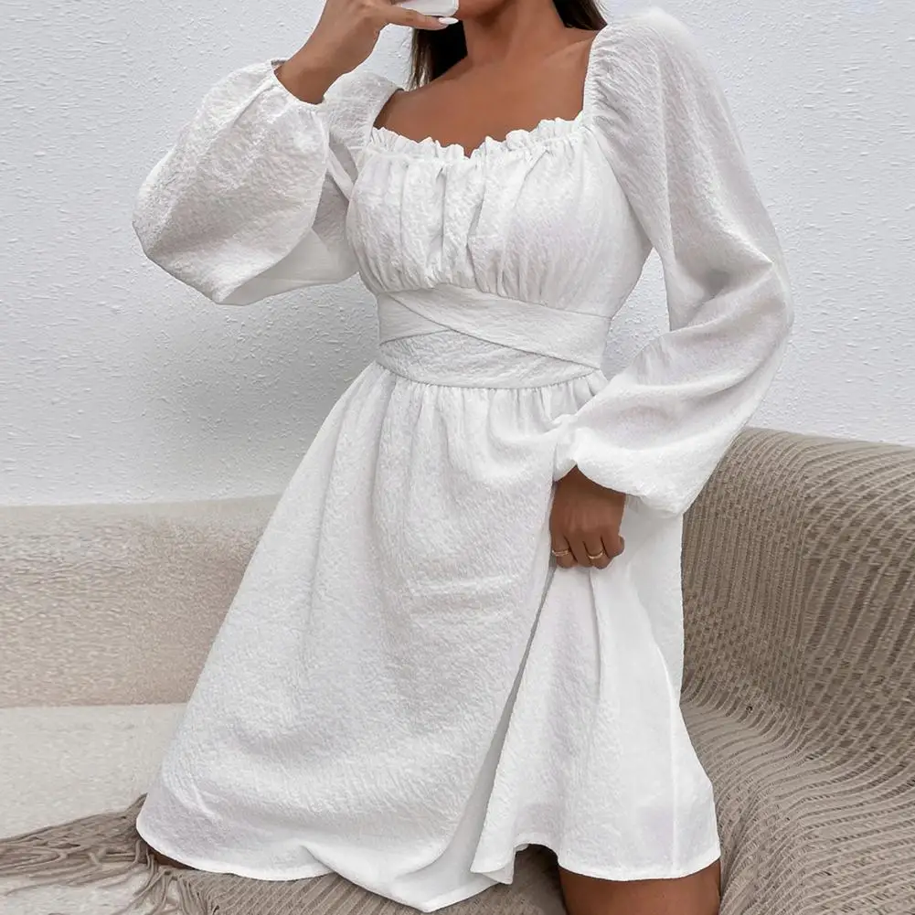 

High-Waisted Back Bowknot Lace-up Waist Tight Autumn Dress Flowy Hem Square Collar Lantern Long Sleeve Mini Dress For Party