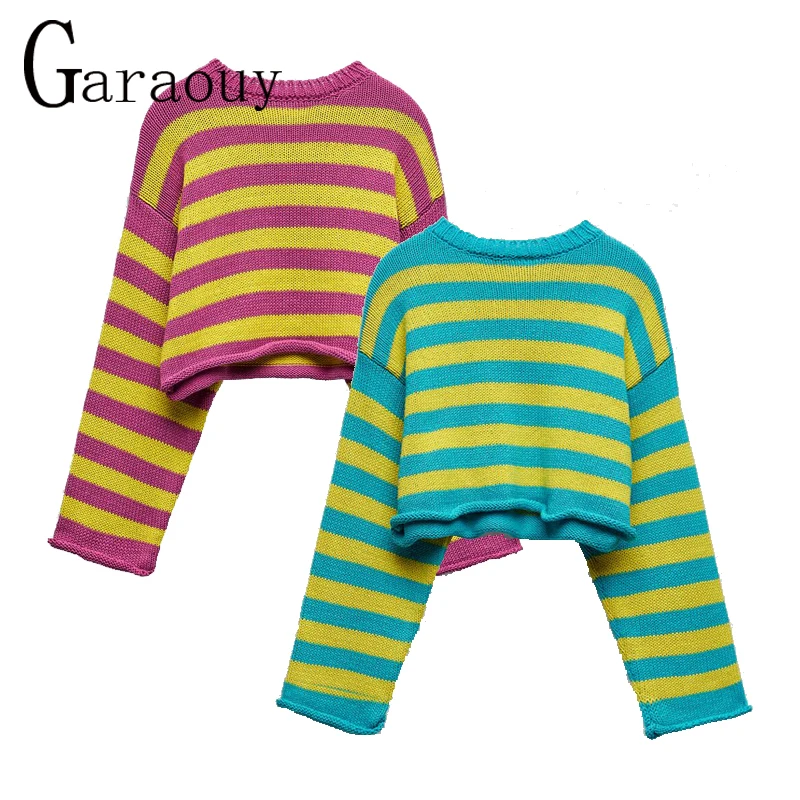 

Garaouy 2022 Lady Spring Autumn Striped Knitted Short Sweater Women Pullover Tops O Neck Casual Streetwear Sweater Female Mujer