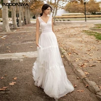 bohemian lace wedding dress v neck backless bridal gowns sleeveless vestido de novia tulle sweep train elegant bride dresses