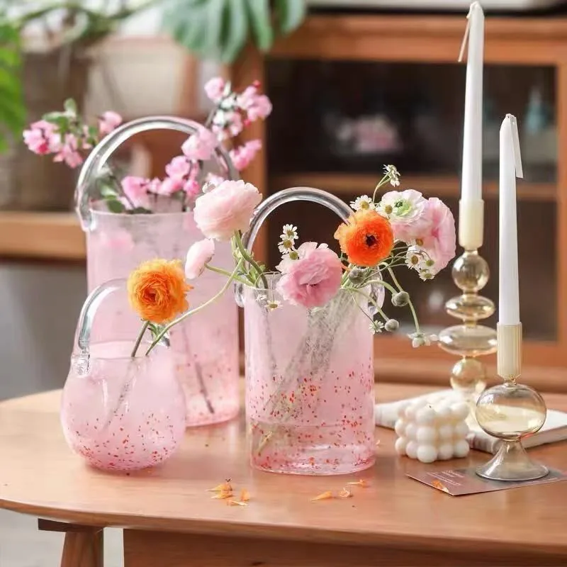 Pembe kova cam çanta ev dekor çiçekleri vazo dekorasyon parçası yaratıcı Internet ünlü INS rüzgar hidroponik vazo Retro
