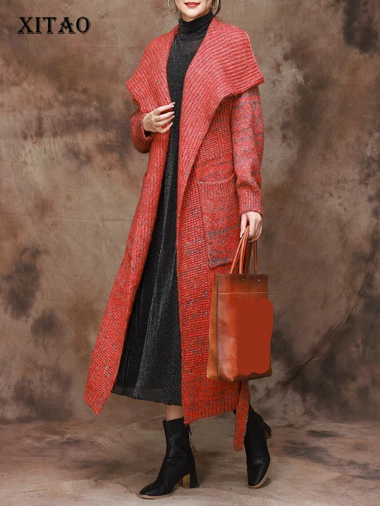 

XITAO, винтажный вязаный кардиган, модный, большой, отложной воротник, бандаж, длинный свитер, кардиган, 2023, осень, зима, новинка ZZ0058