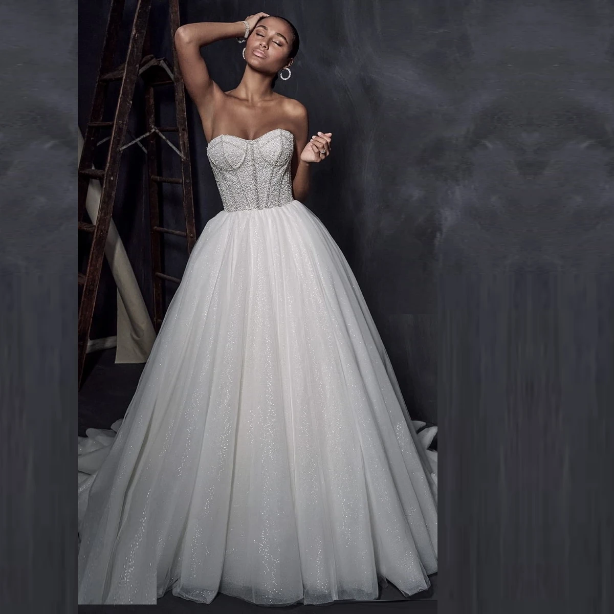 

Bridal Strapless Sweetheart Neckline Heavily Embellished Corset Bodice A Line Ball Gown Wedding Dress