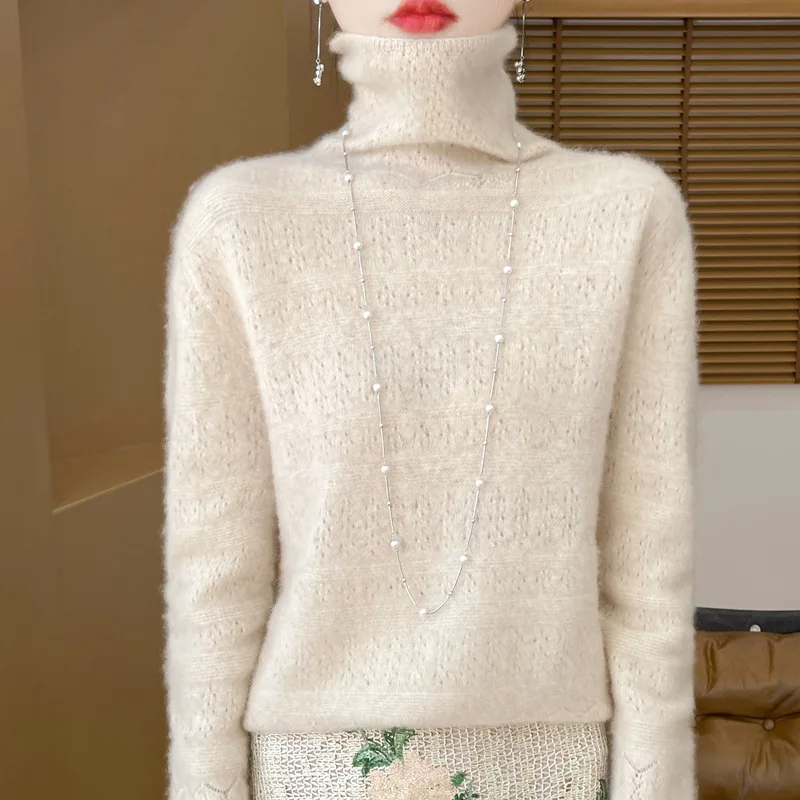 24 Autumn and Winter New Strict Selection Wool Seamless Integrated Pile Collar Hollow out Sweater Women's Knitted Pullo