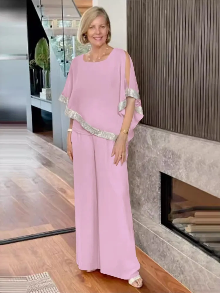 Женские комплекты брюк с двумя костюмами и круглым вырезом летняя мода топ