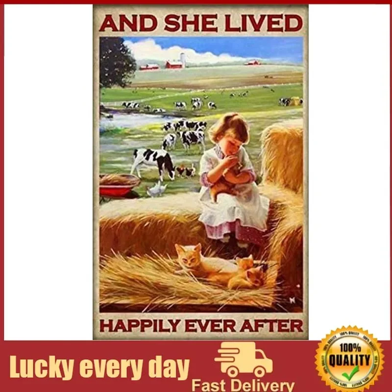 

Girl Lives With Cats Cows Tin Sign Vintage And She Lived Happily Ever After Metal Poster Retro Plaque Wall Decor Gift For Garden
