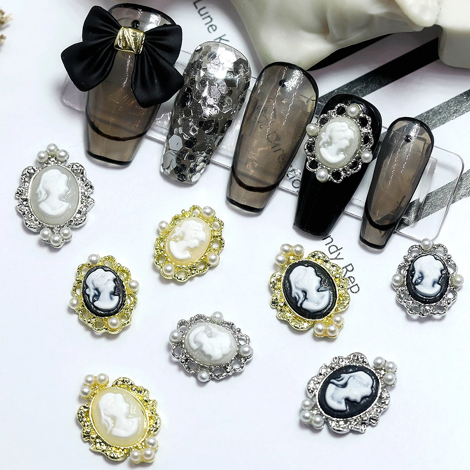 

5PCS Baroque Vintage Beauty Head Nail Art Decoration Jewelry Accessories Charms Rhinestones Pearl Metal Manicure Supplies Tool