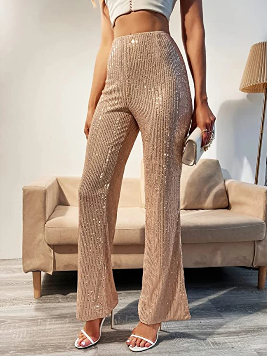 

Chic Women Sparkly Bell Bottom Pants Stretchy Shiny Sequin Wide Leg Trousers Glitter Concert Club Flared Trouser Party Clubwear