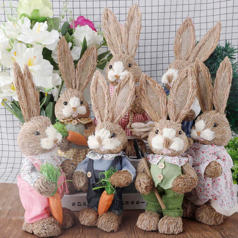 

Straw Easter Rabbit Decoration Cute Straw Standing Rabbit Ornament with Clothes Easte Home Garden Wedding Ornament Crafts Bunny