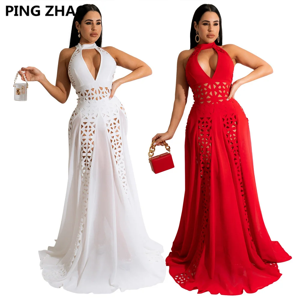 

PING ZHAO Women Sexy Party Floor Length Long Dress Halter Neck Sleeveless Backless Hollow Out Evening Dresses