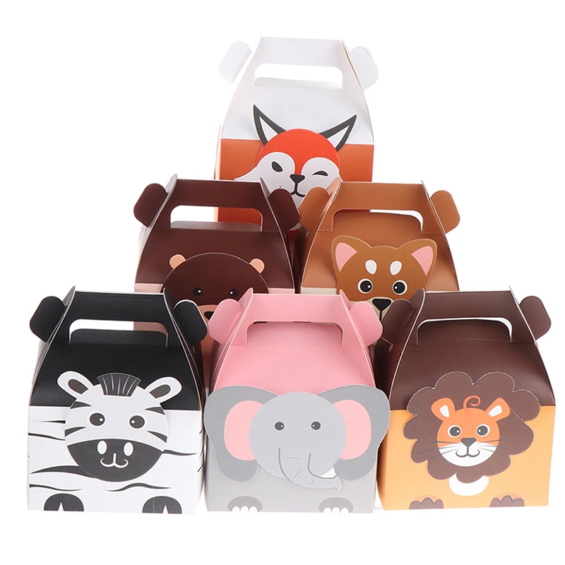 

6Pcs Cartoon Animals Bear Fox Tiger Candy Bag Jungle Party Favors Treat Kids Birthday Cracker Food Box With Handle Gift Boxes