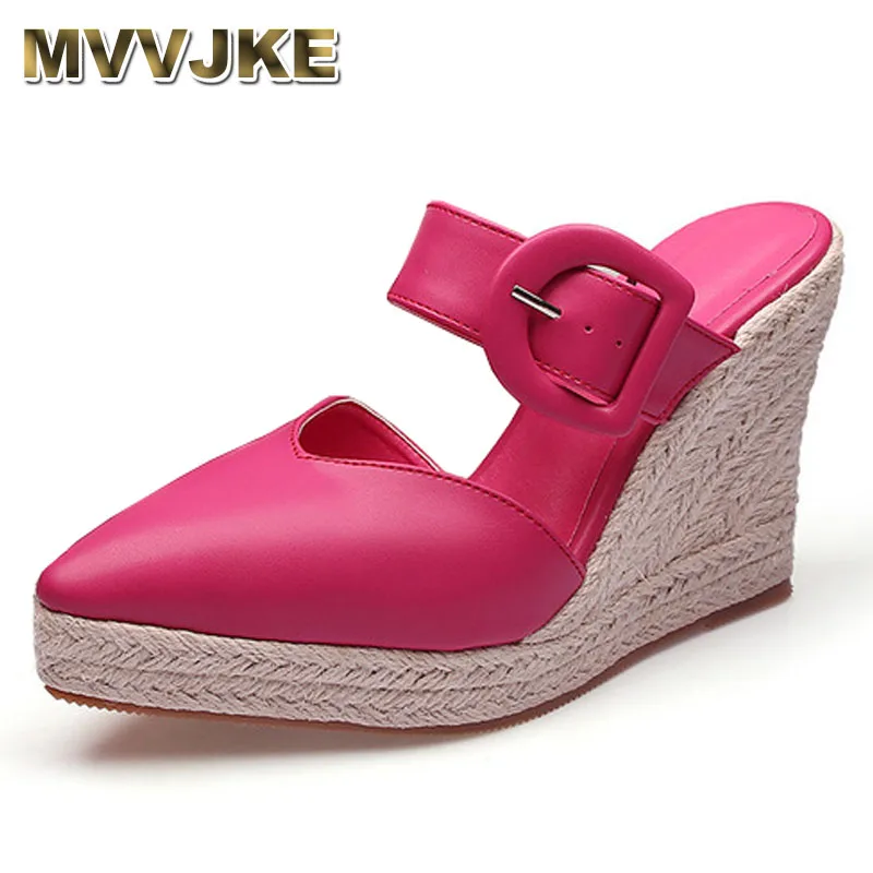 

Wedge Slippers Heel Thick Bottom New Summer Buckle Women's Shoes High Heel Straw Woven Hemp Rope Sole Large Size Shoes