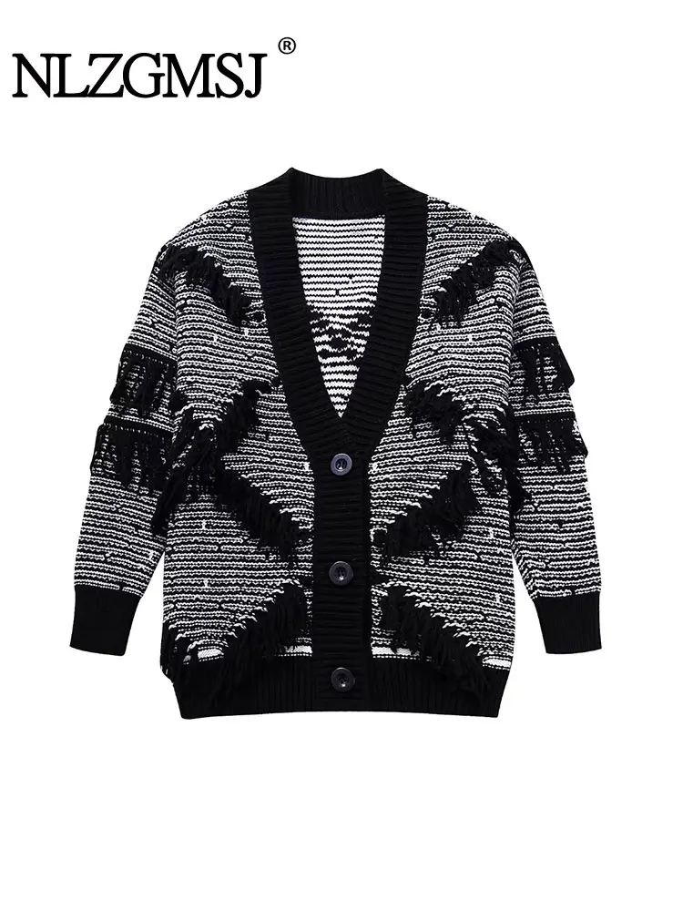 

Nlzgmsj TRAF Thick Sweater Cardigan Women V-neck Casual Sweater Autumn Winter Female Pattern Loose Knit Cardigan