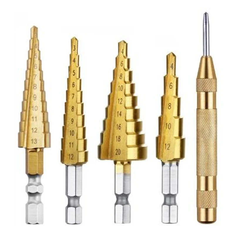 

HSS Steel Titanium Step Core Drill Bits 3-12Mm 4-12Mm 4-20Mm Step Cone Woodworking Metal Drilling Bit Set