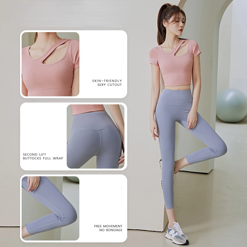 Quick-drying Breathable Sports Top Women's Hollowed-out Slim Yoga Top Women's with Chest Pad Shockproof Yoga Short Sleeves