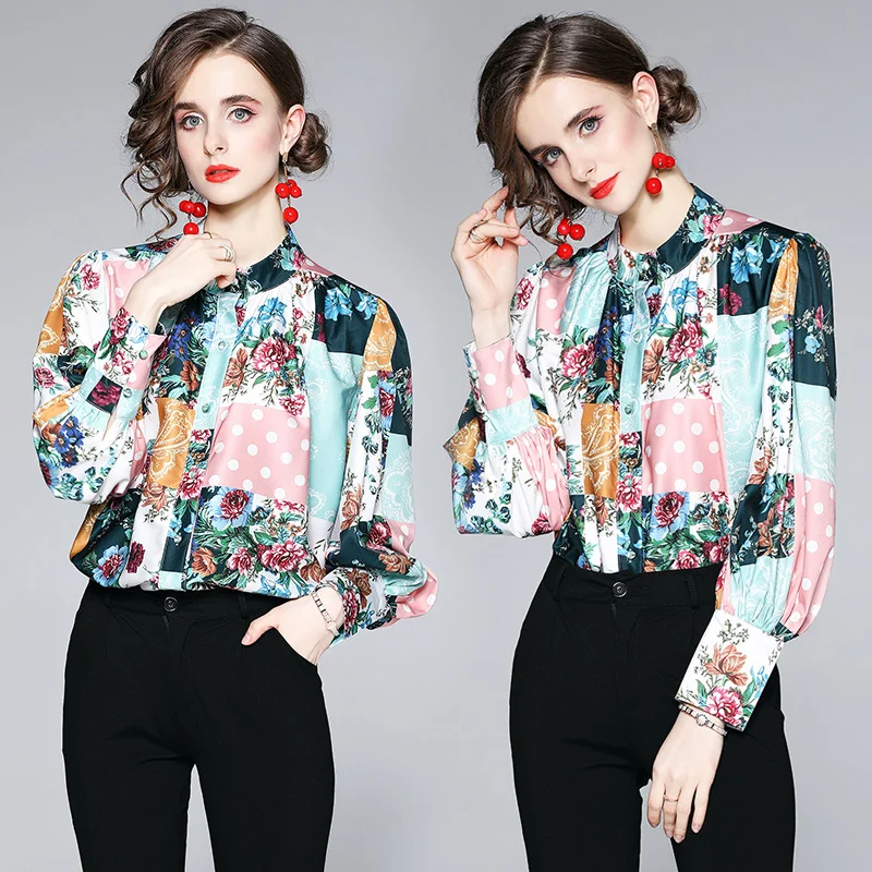 

Summer Print Women Shirt Loose Korean Fashion Long Sleeve Top Casual Poplin Lady Clothing Houthion