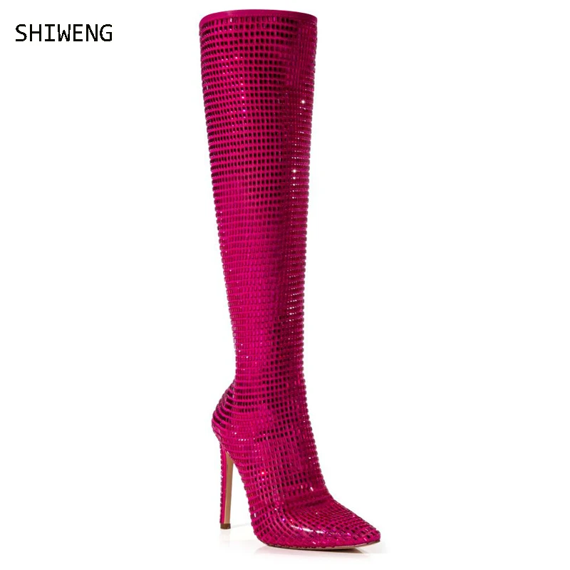 

2023 Fashion Women Knee High Thigh Sock Boots Rose Red High Heels Crystal Diamond Stripper Long Thigh Pleaser Boots Shoes 44