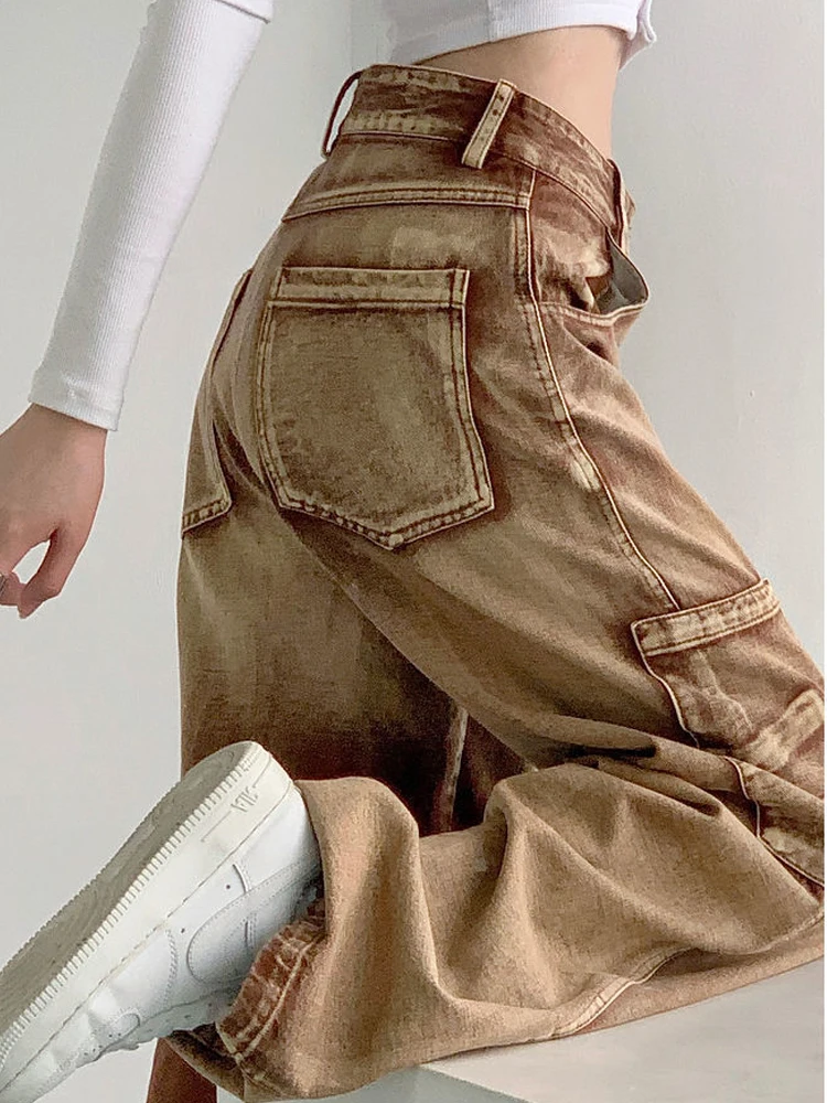 

Женские винтажные брюки-карго в стиле 90-х годов Y2K, коричневые мешковатые джинсы с высокой талией, уличная одежда в стиле Харадзюку, свободные джинсовые брюки с широкими штанинами для женщин