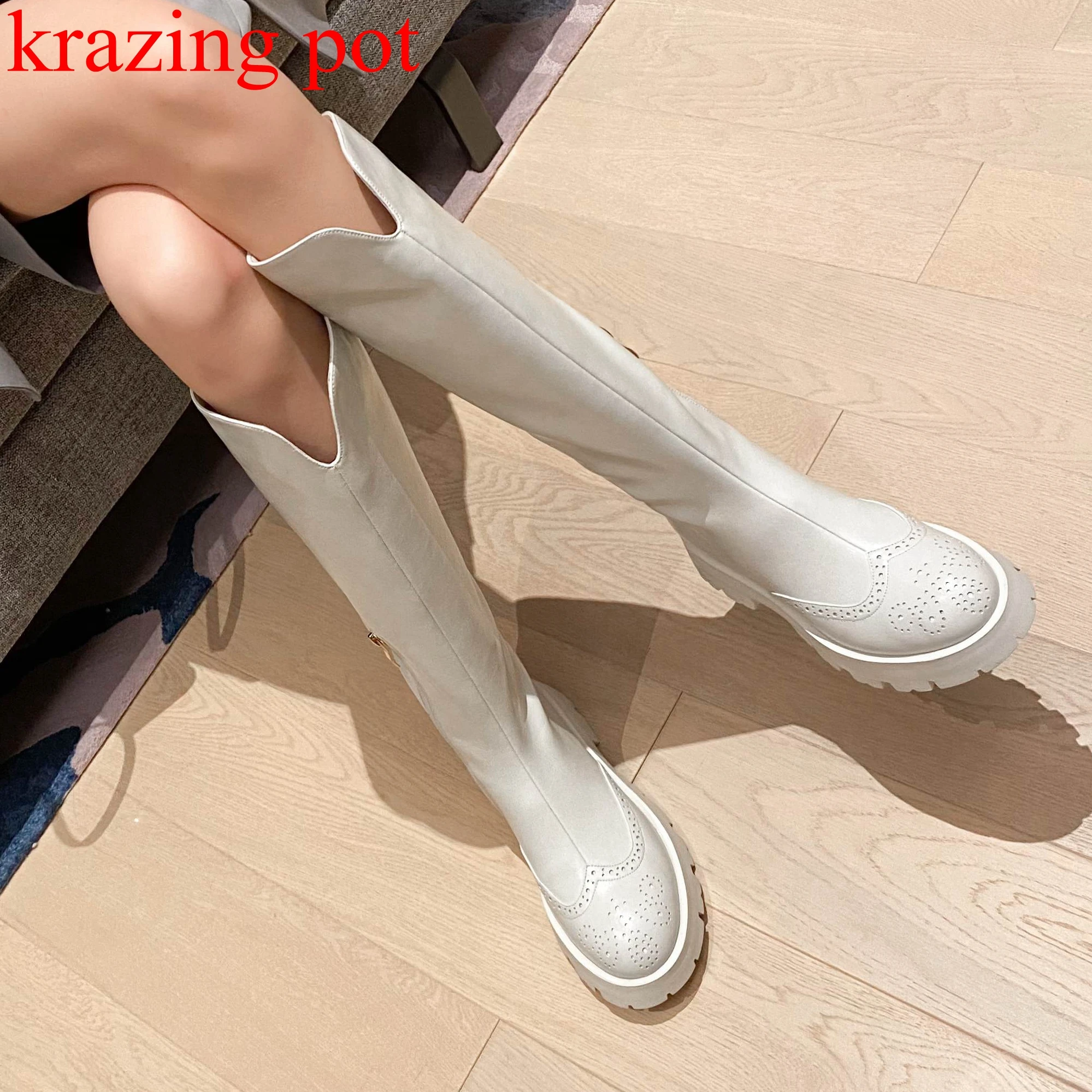 

Krazing Pot Cow Leather Handsome Round Toe Zip Platform Equestrian Boots Carving Decorations Med Heels Zipper Thigh High Boots