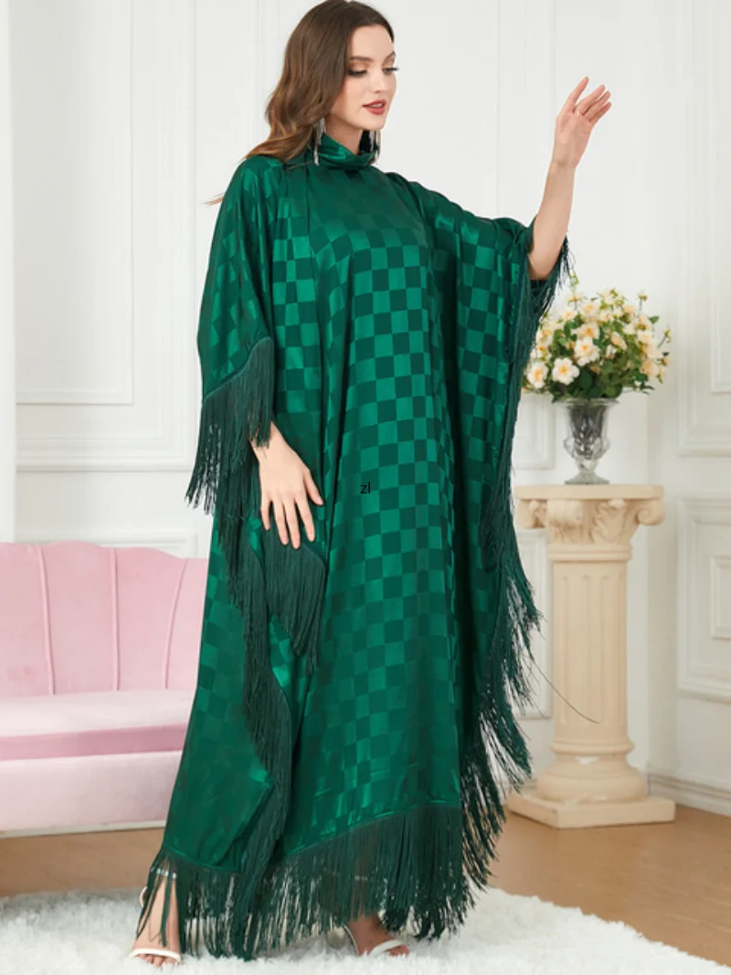 Abaya Dubai Jubah Patchwork Tassel Batwing Sleeve Fashion Plaid Robe Muslim Dress Women Moroccan Kaftan Ramadan Eid Mubarak