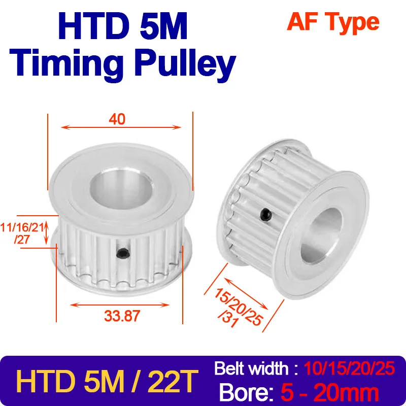 

1Pc 22 Teeth HTD5M Timing Pulley AF Type Bore 5/6/8/10/12/14/15/16/19/20mm For HTD 5M Synchronous Timing Belt Width 10/15/20/25