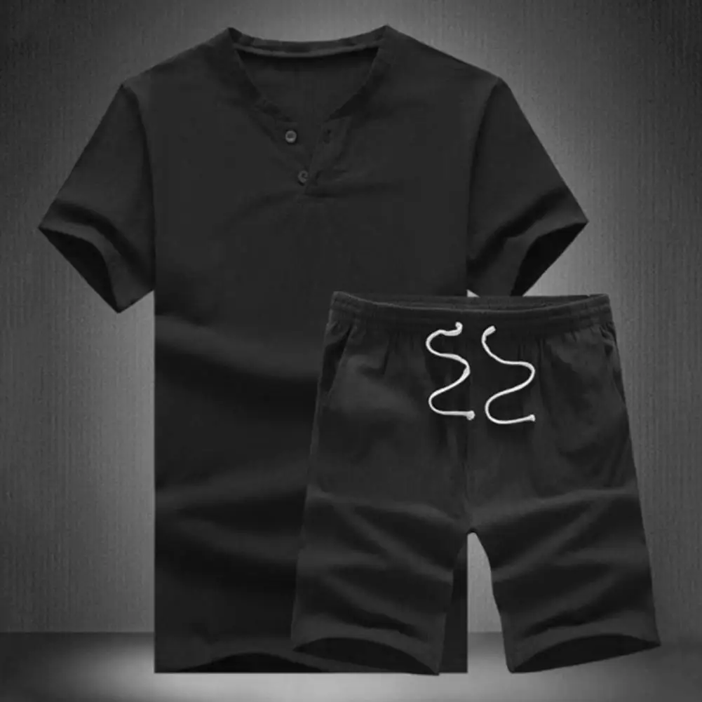 

Simple Casual Suit Sweat Absorbing Men Outfit Short Sleeve Loose Men T-shirt Shorts Set Two Buttons