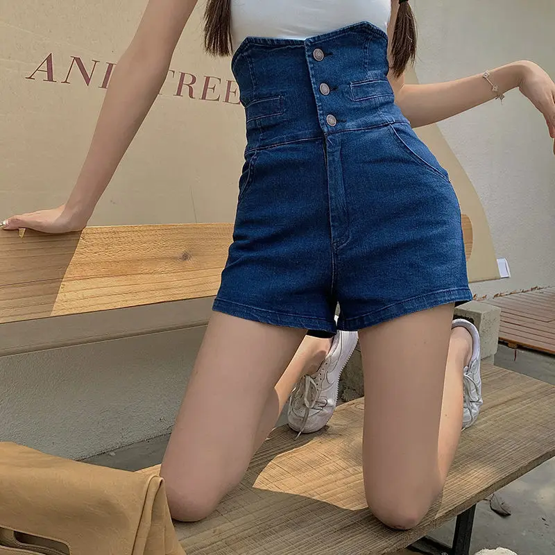 

Ultra-high waist bud denim shorts women summer design slim fit and slim a-line bag hip wide-leg hot pants
