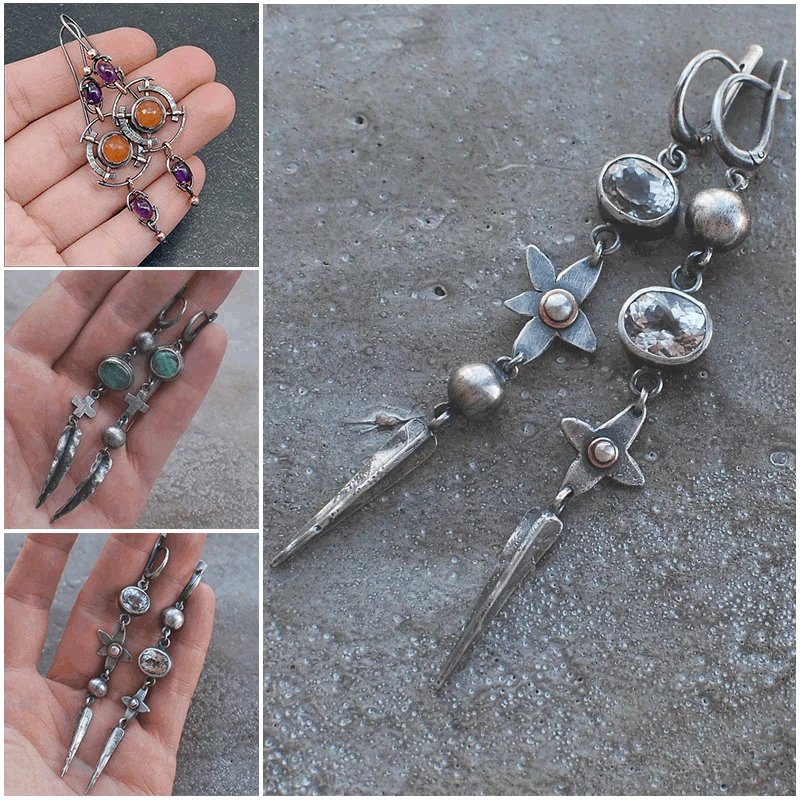 

Super Long Antique Silver Drop Dangle Earrings for Women Punk Vintage Flower Metal Crystal Cone Pendant Earrings