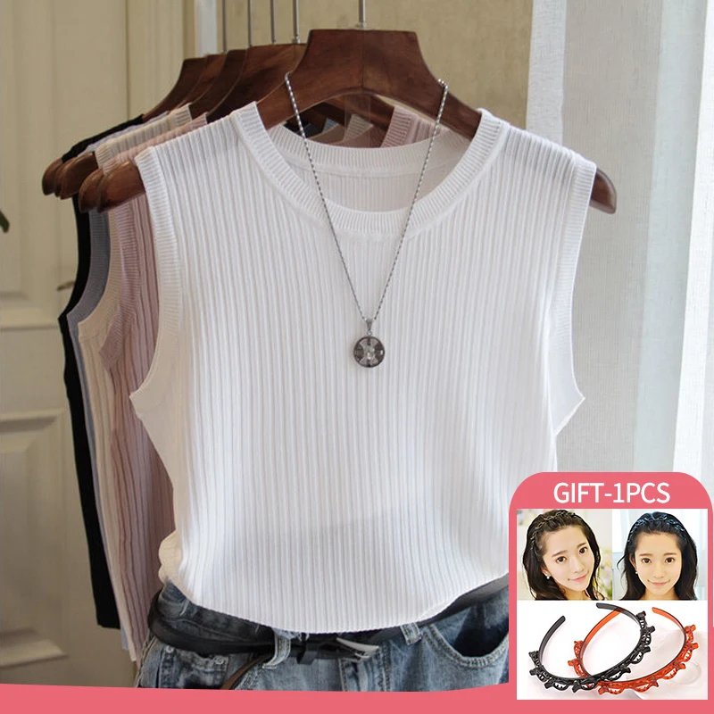 

2022 Solid Color Summer Sleeveless Loose Blouse Women O-neck Knitted Blouse Shirt Women Clothes Fashion Blouse Shirt Women Tops