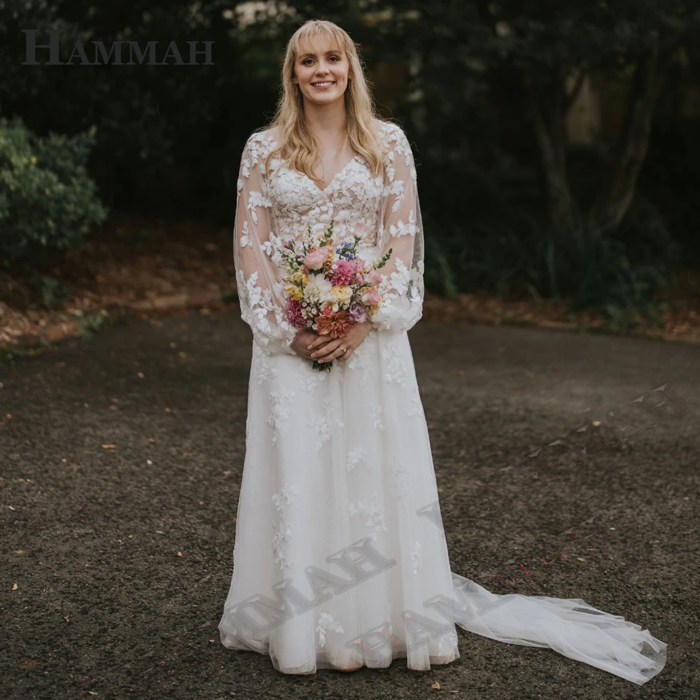 

HAMMAH Vintage Appliques Wedding Gown For Bride Long Lantern Sleeve Illusion With Button Court Train Vestido De Casamento