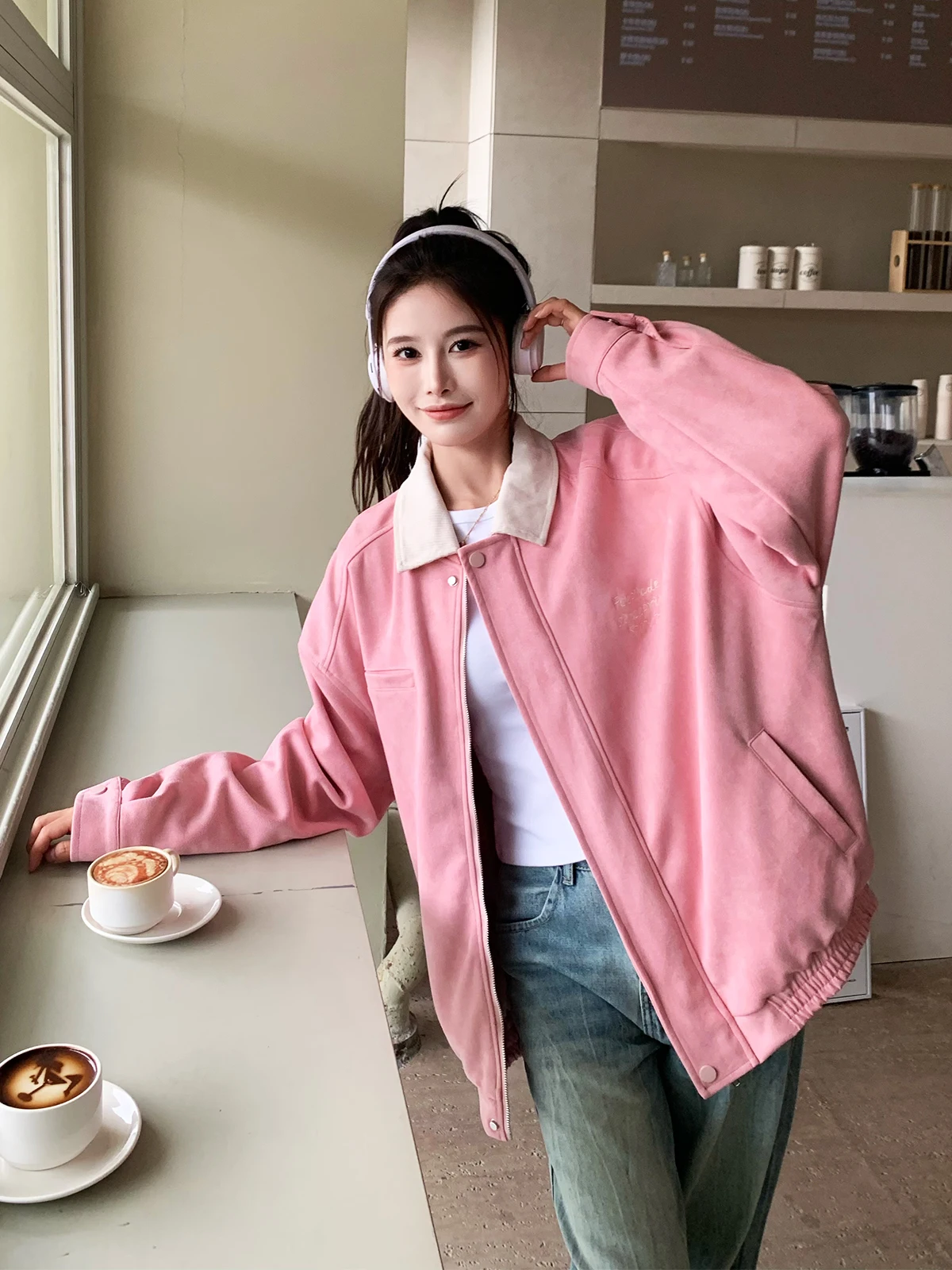 er Oh Three Sisters American Detachable Embroidered Suede Color Matching Stand Collar Jacket Women Autumn