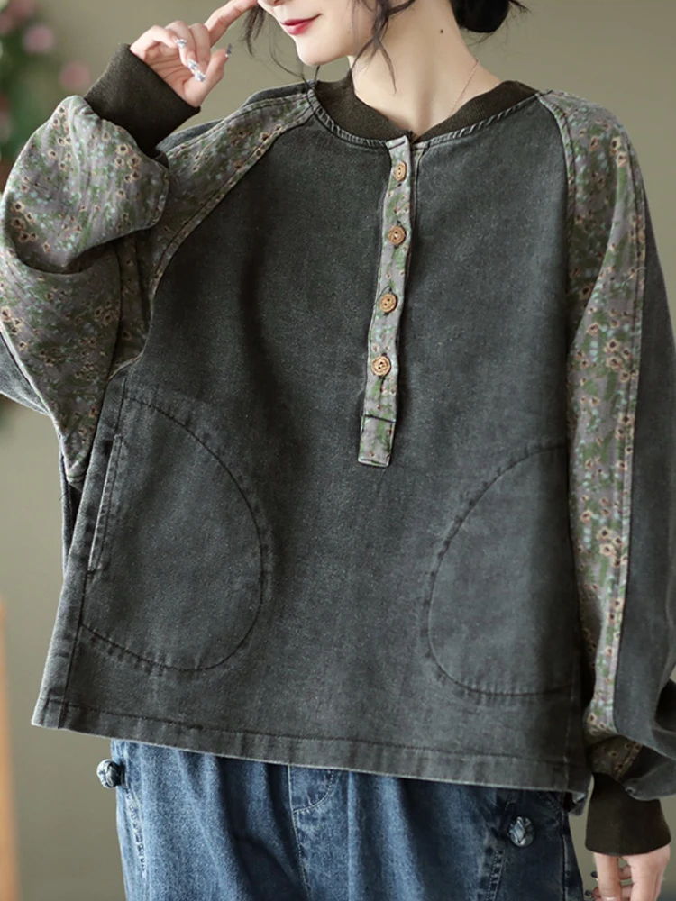 FairyNatural New Chinese Fasion Streetwear 2022 Spring Ladies Casual Denim Coats Print Clothing Women Retro Jean Jacket Big Size |