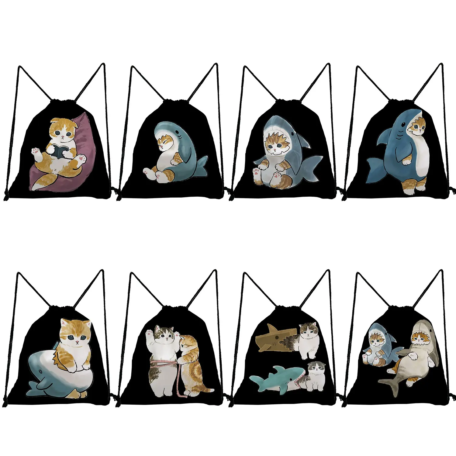 

Портативный рюкзак для студентов, повседневная черная Дорожная сумка для хранения обуви с принтом акулы, кота и карманами на шнурке, на заказ