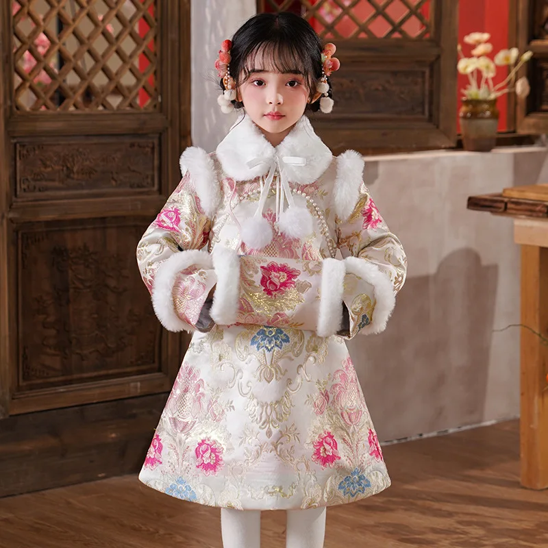 Новое зимнее плотное платье Ципао Ханфу для девочек детское Cheongsam с вышивкой