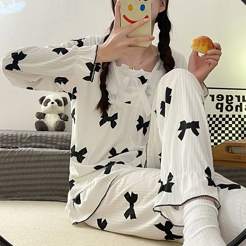CAIYIER Korean Blue Grid Sweet Nightwear Ruffles Long Sleeve Trousers Winter Pajamas Set Elastic Waist Women Casual Homewear