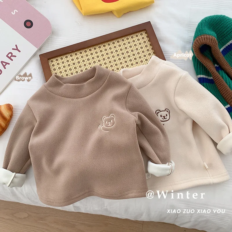 

73-120cm Fall Winter Kids Bottoming Shirt Baby Half High Collar Shirt Kids Warm Bear Sweater Plus Velvet Thickening Clothe Soft