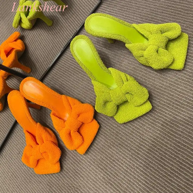 Сандалии женские махровые на шпильке дизайнерская эластичная обувь украшенная