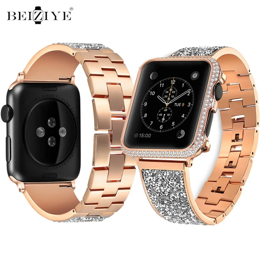 Women Diamond Case + Luxury Metal Strap for Apple Watch 41mm 45mm 44mm 40mm 38mm 42mm Stainless Steel Band for iWatch 8 7 6 SE 5