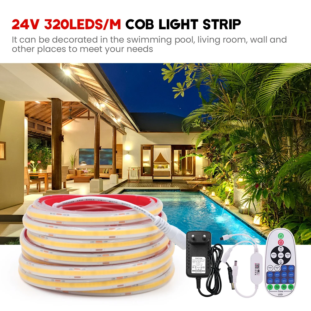 

WIFI APP Control IP68 Waterproof Dimmerable COB Strip DC 24V 320Leds/M RA90 3000K 4000K 6000K Flexible Ribbon Rope FOB LED Light