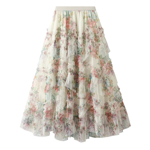 Женская юбка-пачка с цветочным принтом SURMIITRO, летняя трапециевидная юбка макси с высокой талией и многоярусной сеткой, 2024