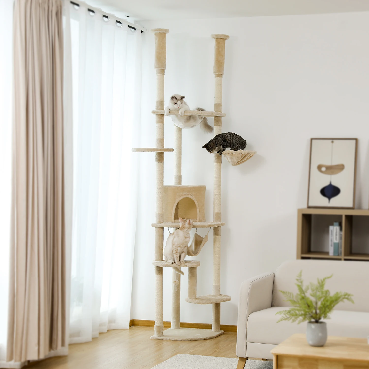 

Luxury Height Adjustable Cat Tower Tall Tree Climbing Play House with Scratching Posts Cozy Condo Perches and Large Hammock