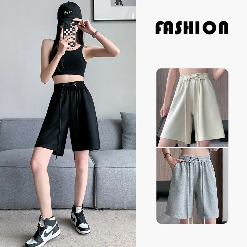 New Women'S Summer Trendy Fashion Drawstring 5-Point Pants Female Slim And Versatile Loose Wide Leg Straight Leg Casual Shorts