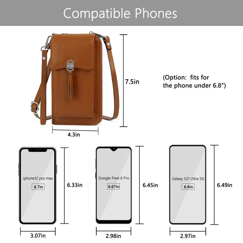 Crossbody Cell Phone Bag Wallet RFID Women's Wallet Small Tote Zipper Cell Phone Credit Card Wallet With Tassel (Brown)