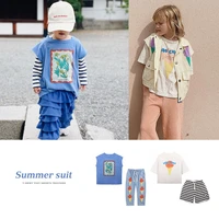 summer 2022 new cotton boys and girls casual cartoon short sleeve shirt striped strap shorts ice cream jeans childrens wear