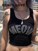 glitter diamond letters knitted women black crop top o neck vest sleeveless tank tops 2022 y2k camis girls teens 90s clothes