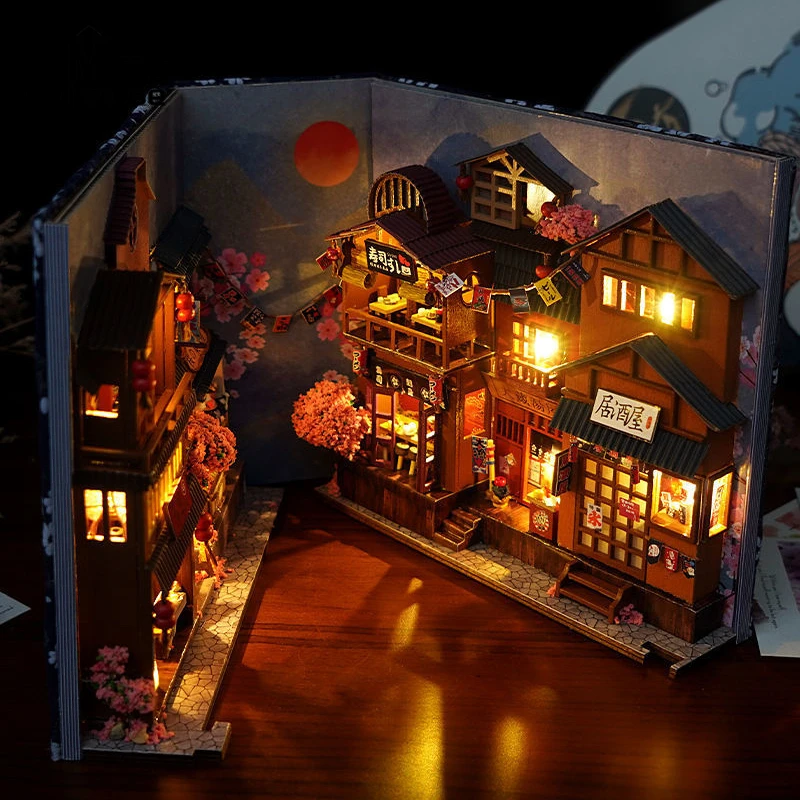 

3D Wooden Booknook Home Decor Book Nook Bookshelf Build Bookend Model LED Light DIY Stand Decoration Crafts Figurines Miniature