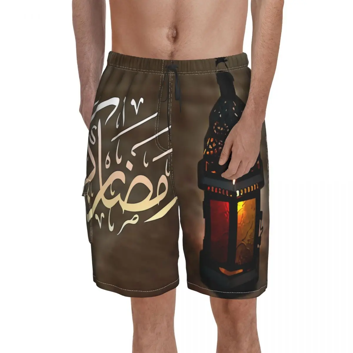 

Ramadan Kareem Eid Al Fitr Board Shorts Hot Lanterns Egyptian Fanoos Design Beach Shorts Man Elastic Waist Swimming Trunks