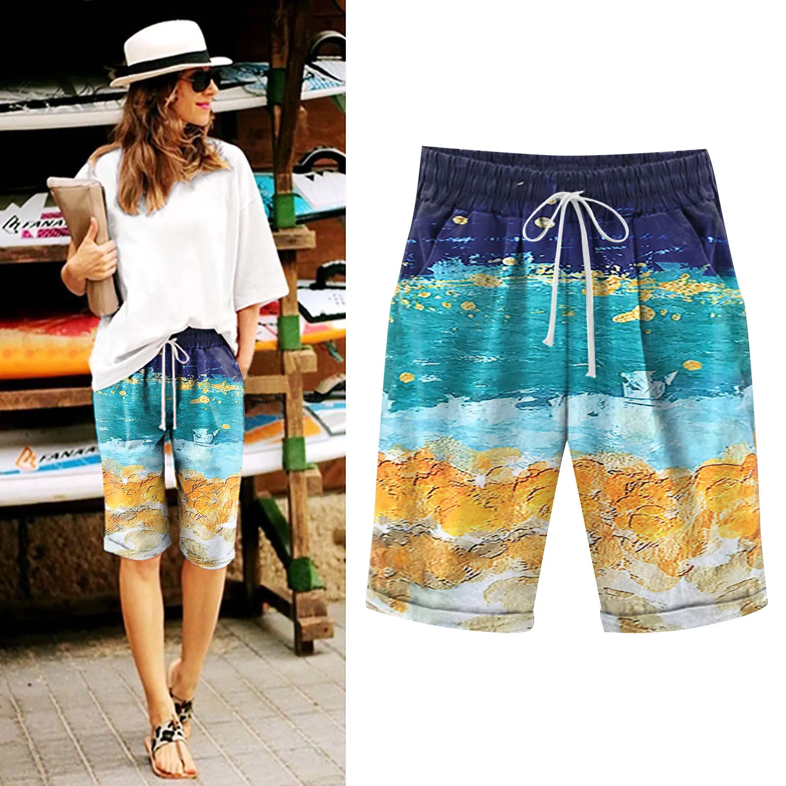 

Women Print Summer High Waisted Plus Size Shorts Lacing Beach Pants Workout Pocket Five Women's Shorts Pajama Set